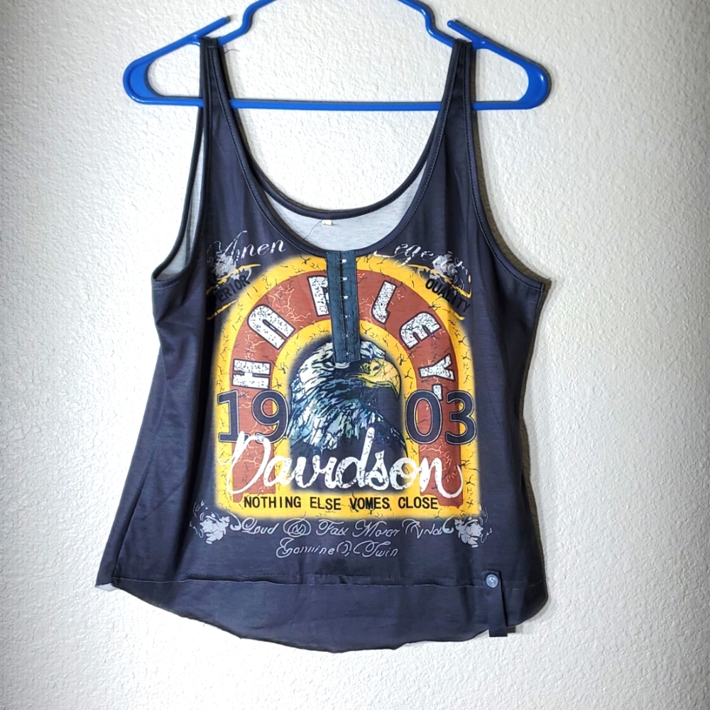 Custom Designs Ladies Large Dark Grey Digital Print Harley Davidson Design Tank